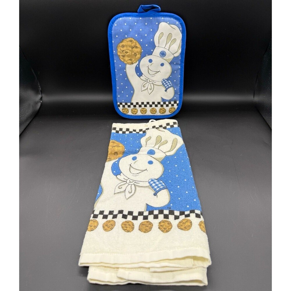 Pillsbury Doughboy 2pc Cotton Kitchen Towel & Potholder Set Blue Polka Dot